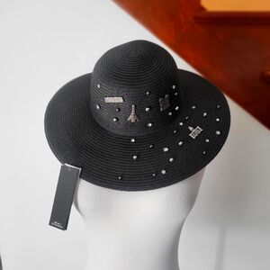 Karl Lagerfeld Black Paper Blend Wide Brim Sun Hat Pin & Stud Accents New